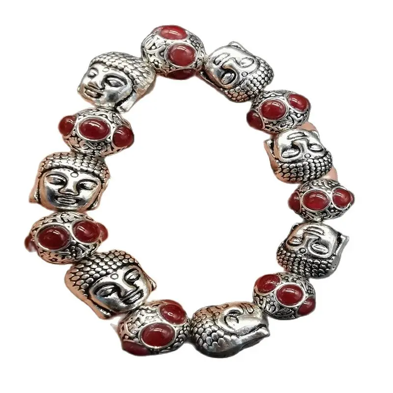 China Old Tibetan Silver Inlaid Green Red Colour Jade Buddha Head Bead Hand String Bracelet