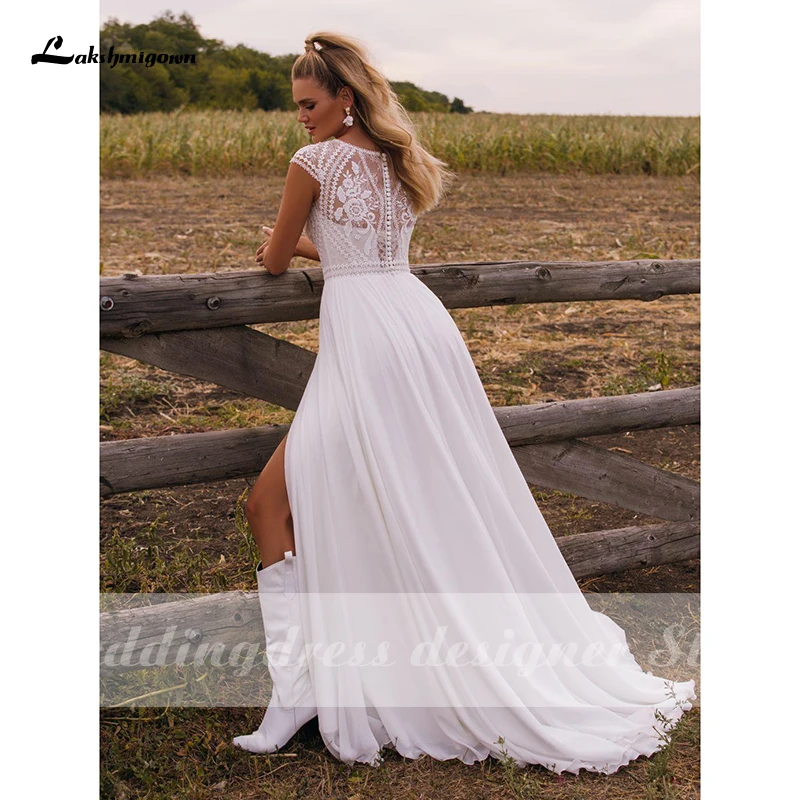 Vestido de novia de gasa con abertura bohemia, mangas casquillo personalizadas, vestidos de novia sexis con cuello en V de alta calidad, bata de tren de barrido