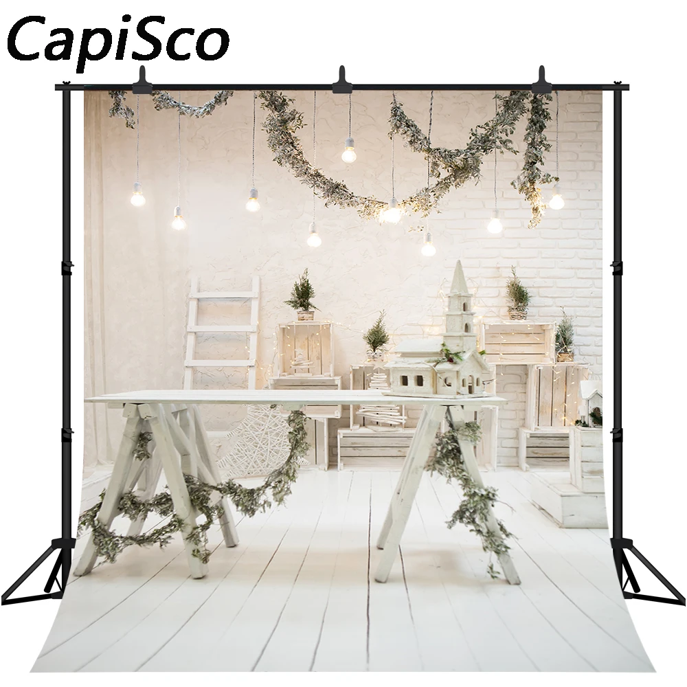 Capisco Christmas Photography Backdrop White Brick Wall Bulbs Garland Newborn Baby Kids Photo Background Photocall Photo Studio