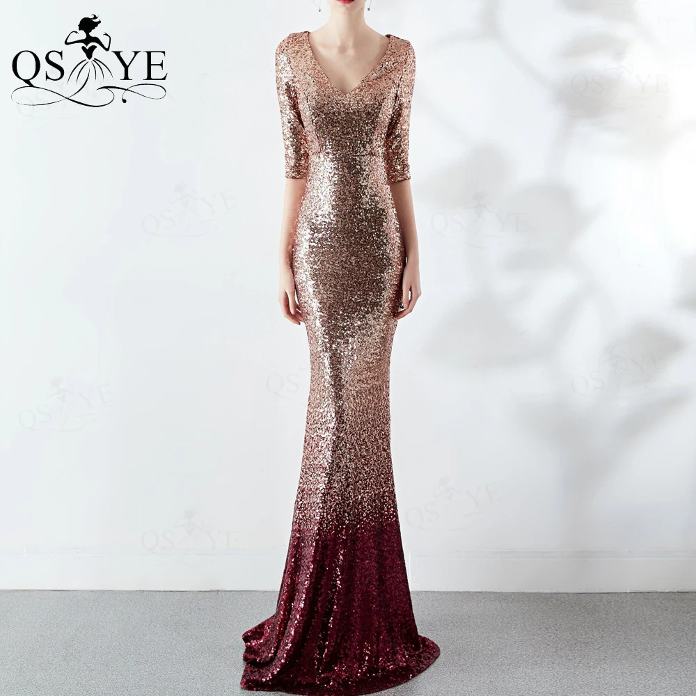 

Gold Burgundy Evening Dresses Long Sleeves V neck Prom Gown Mermaid Sequin Party Dress Zipper up Glitter Golden Formal Dress