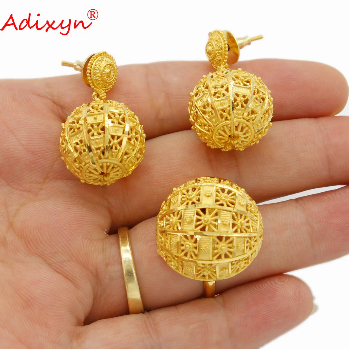 Adixyn African 24K Gold Color Fine jewelry sets Ethnic Necklace Earrings Ring set for Women Bridal Wedding Gifts N082812