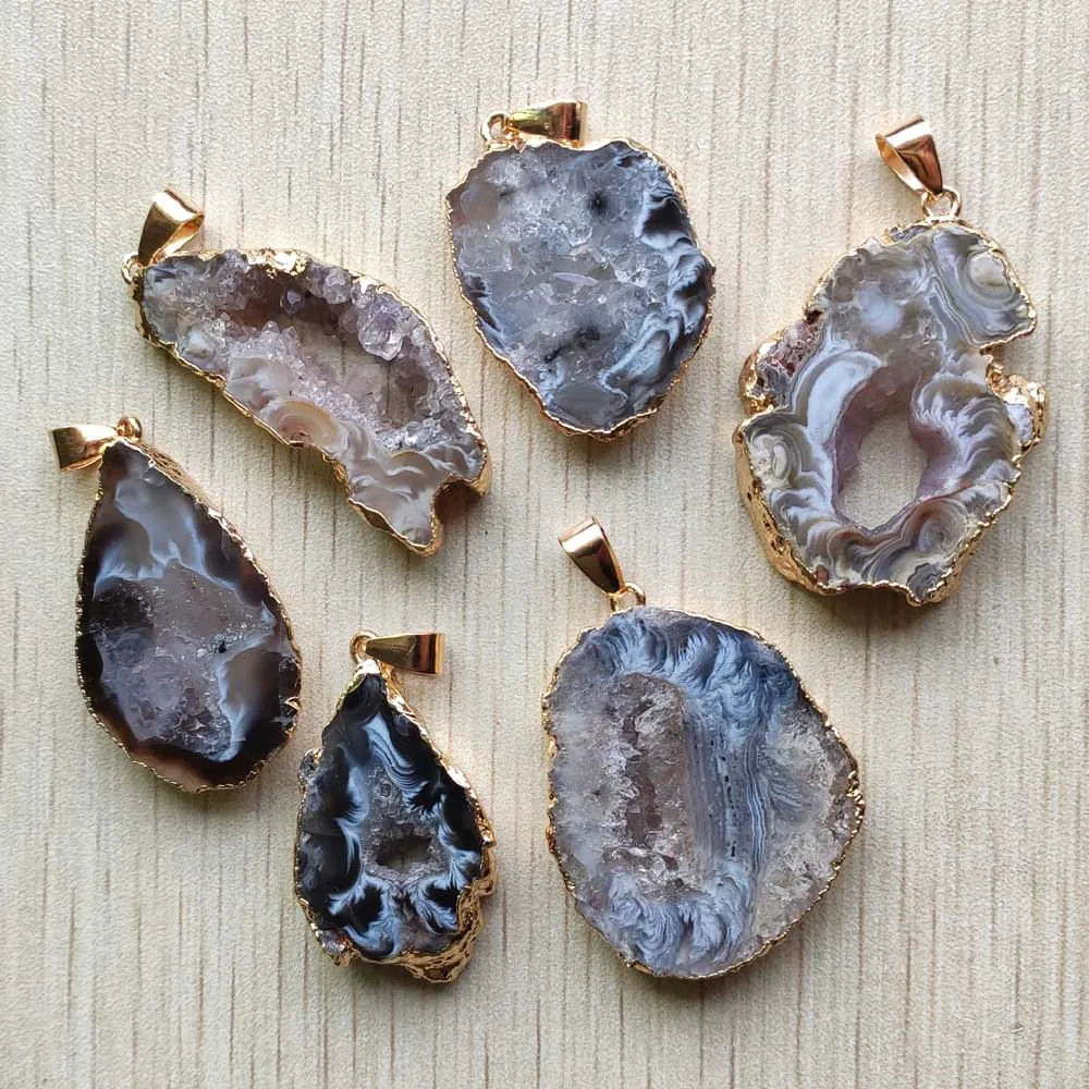 Natural Agates gold plated edged Slice open geode Irregular pendants for necklaces jewelry making Wholesale 6pcs  free shipping