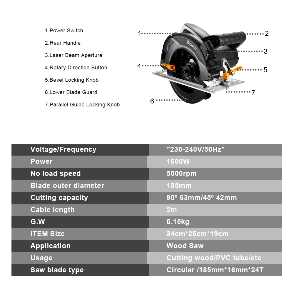 Deko DKCS1600 Cirkelzaag Power Tools Met Blade, Stof Passage, Extra Handgreep, high Power En Multifunctionele Snijmachine