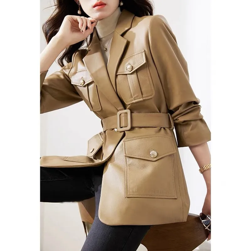 Sheepskin Leather Jacket for Women, Slim Coat, Vintage Gold Buckle Belt, Mid Length Cargo Leather, Cool Tops, Spring and Autumn