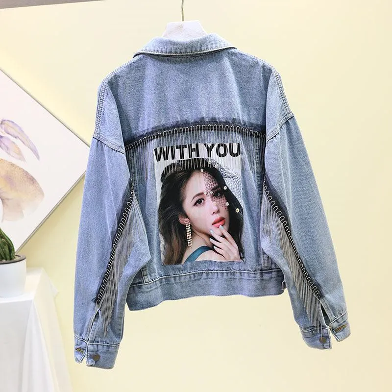 2020 New Women's Denim Jacket Fashion Casual Jeans Jacket Loose Tassel Overcoat Pattern Lapel Denim Coat Female Blue Outwear