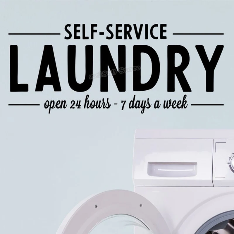 Self-Service Laundry Open 24 Hours Wall Decal Vinyl Decal Laundry Room Sign Wall Sticker Laundry Room Decoration Wallpaper B893