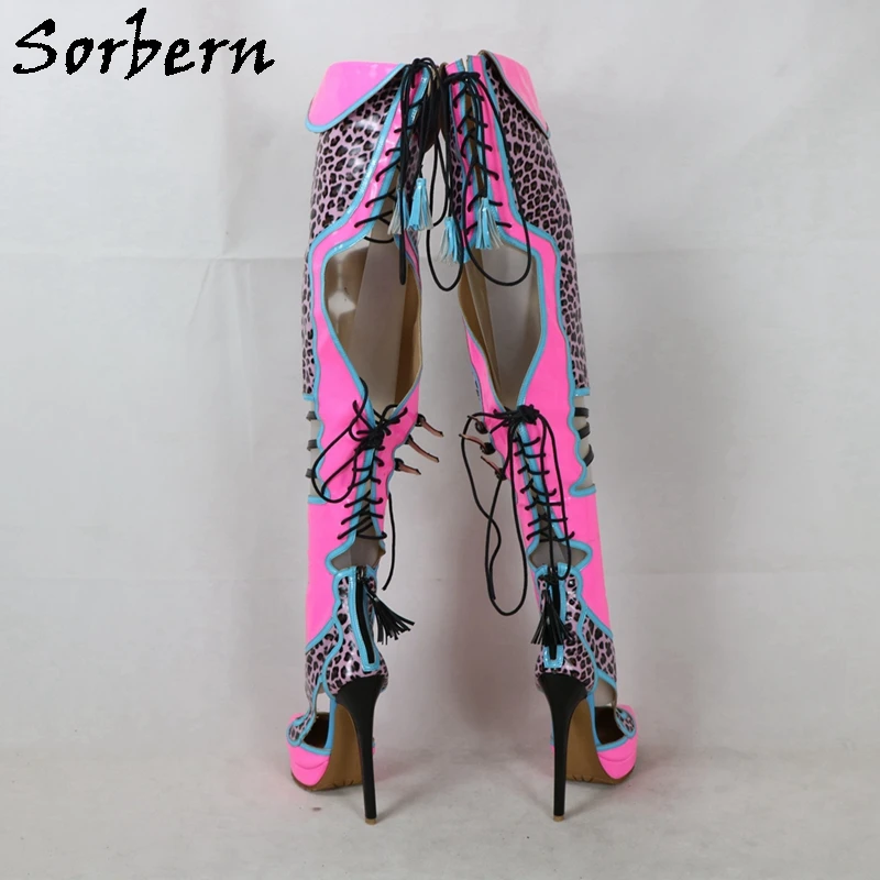 Sorbern Customized Cro Thigh Boots Women Pointed Toe Platform  High Heel Stilettos Leopard Shiny Hot Pink Fetish Shoes Lace Up