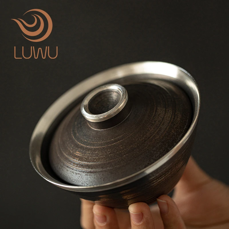 LUWU ceramic gaiwan with saucer silver edge chinese kung fu tea set 150ml