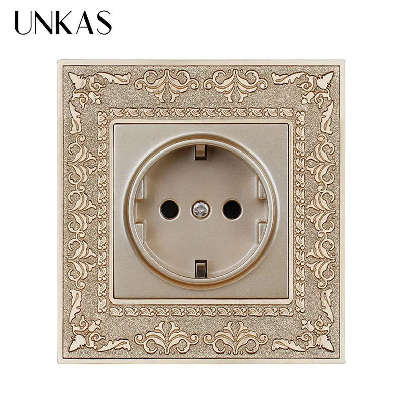 UNKAS 16A EU Standard Power Socket 4D Embossing Retro Zinc Alloy Panel Wall AC 110~250V Outlet 86MM*86MM