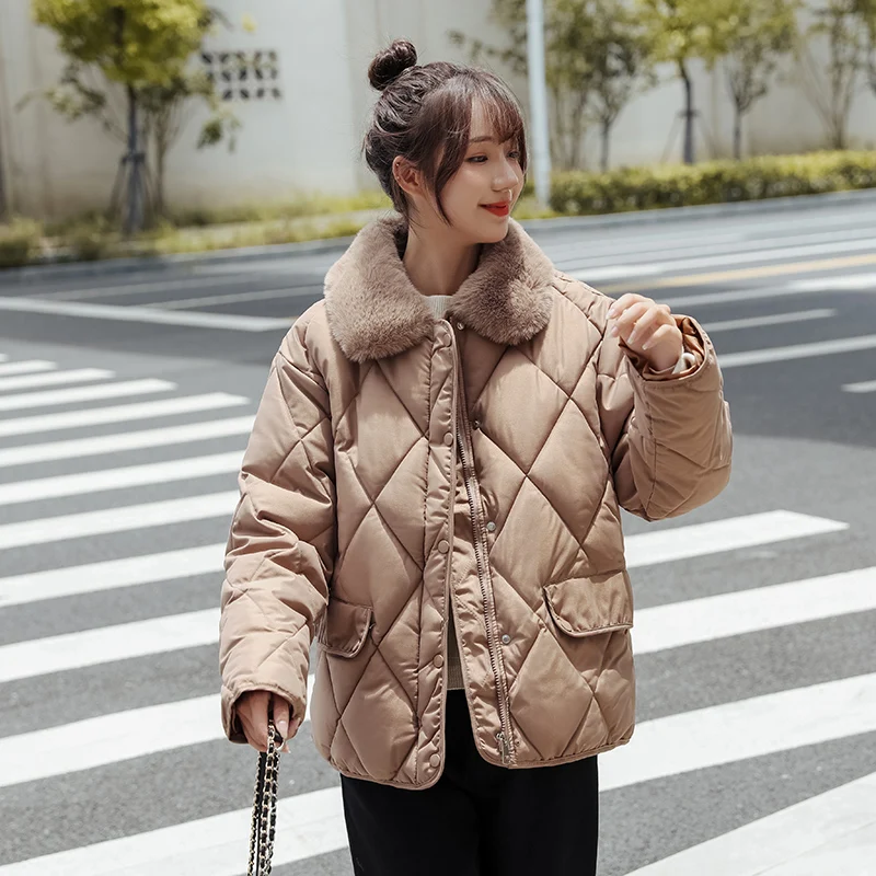New winter coat women's coat women's warmth fashion big fur collar coat short thick parka coat Korean loose diamond check coat
