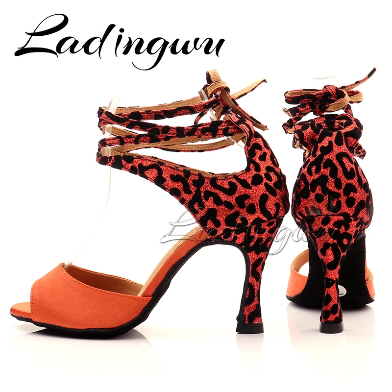 Ladingwu New Modern Leopard Suede Glitter Salsa Dance Shoes Woman Girls Simple Style Latin Dance Shoes Soft Bottom Ballroom Danc