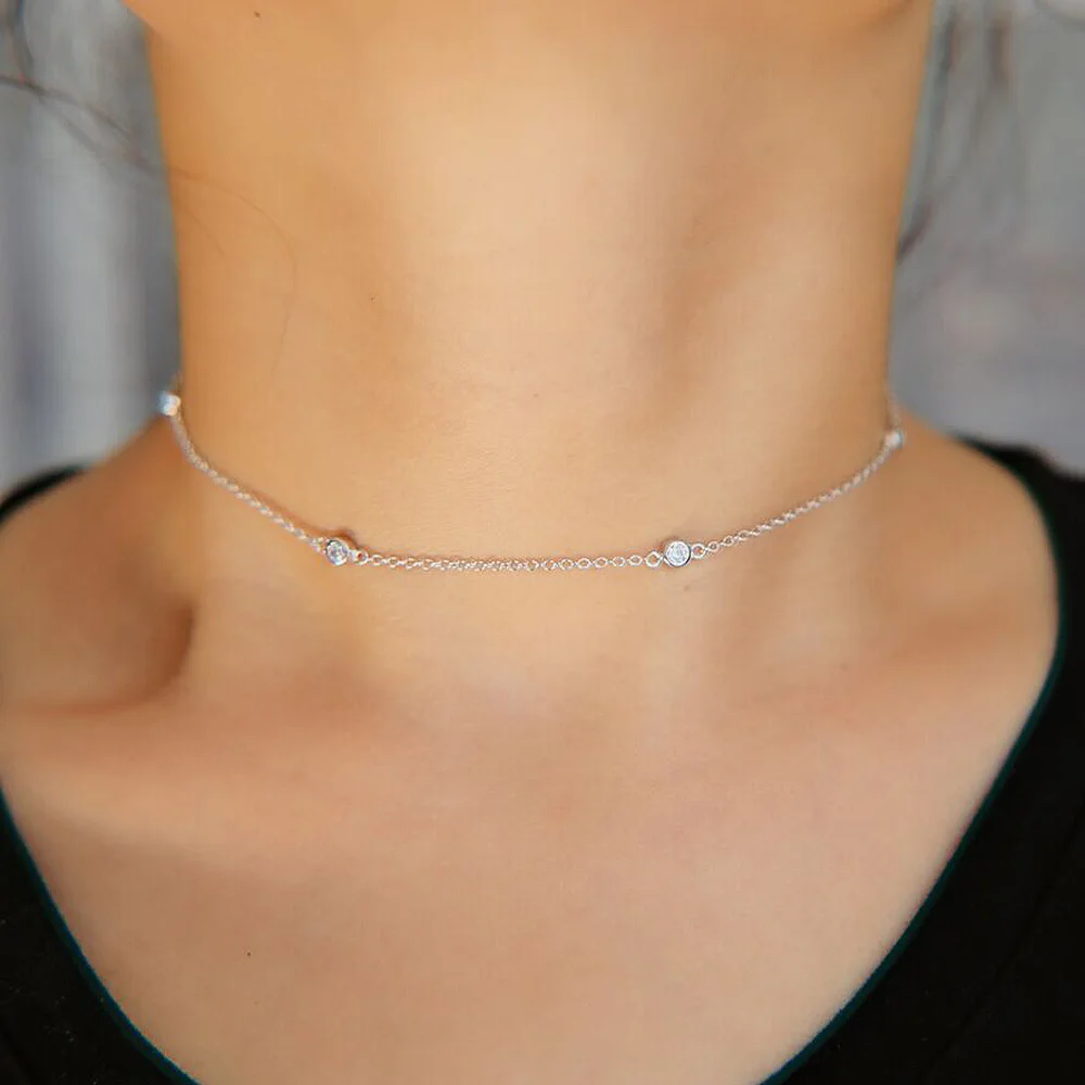 Delicate Dainty Cz Necklace 925 Sterling Silver AAA+ Cz Station Short Layer Choker for Girls Dot Minimal Fashion Jewelry