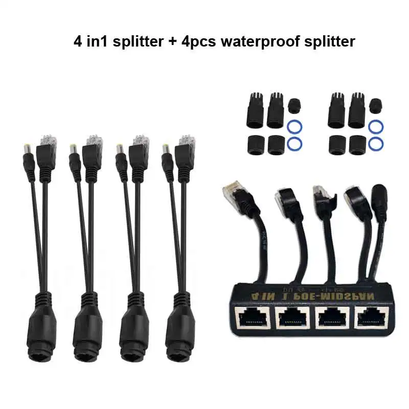 PoE Injector Splitter Cable Kit 4 In 1 PoE Midspan Splitter + 4pcs waterproof POE splitter Power Over Ethernet 10/100Mbps