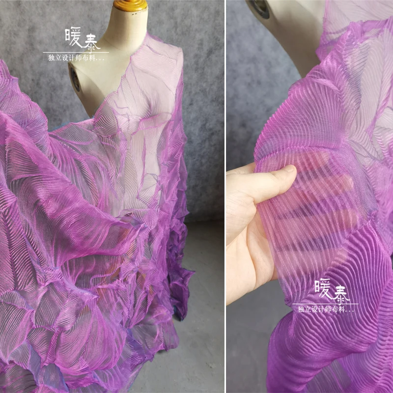 

Transparent Pleated Tulle Fabric Light Violet Leaf-Shaped Folds DIY Background Decor Skirts Dress Clothes Designer Fabric