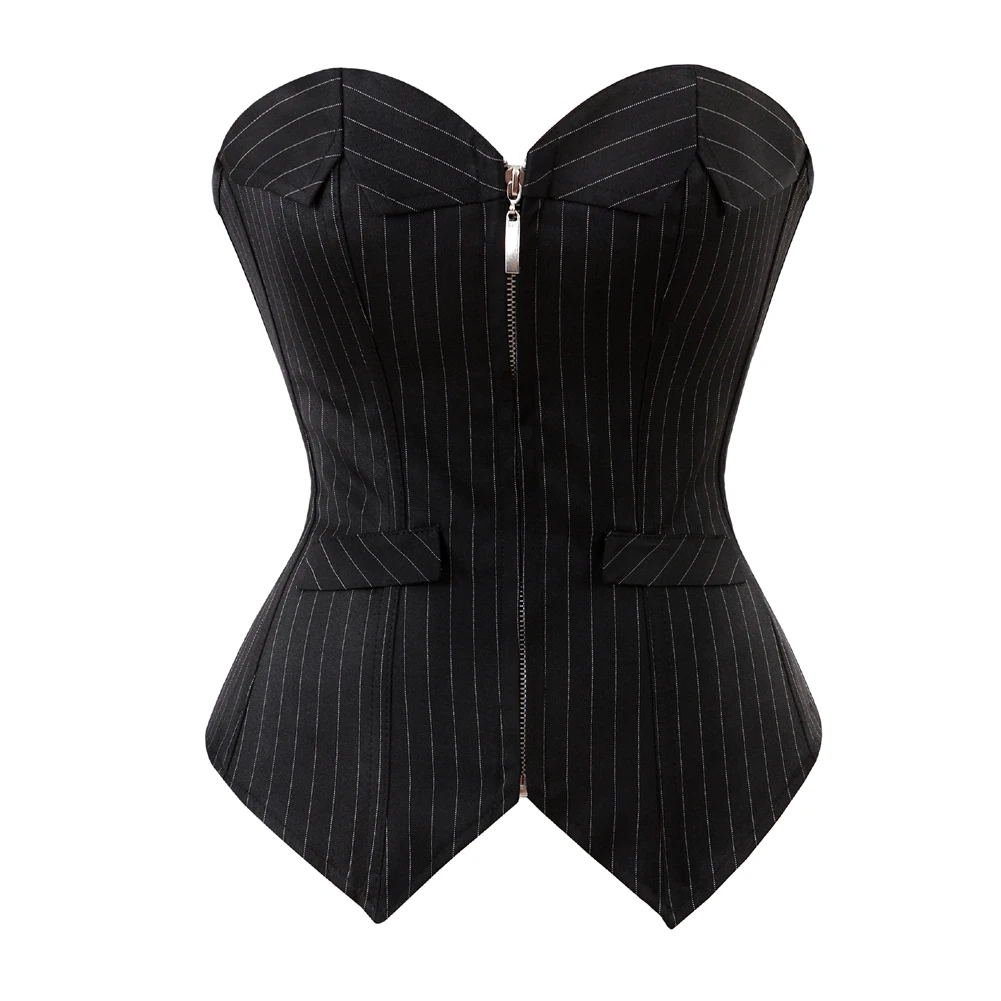 

Black Striped Overbust Corset Office Lady Corselet Sexy Women Zipper Front Corset Bustier Strapless Lingerie Top Costume Fashion