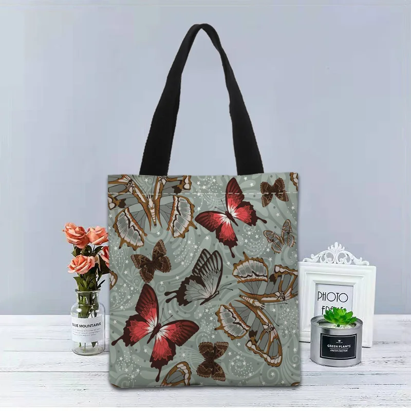 Bolso de mano personalizado con diseño de mariposa, bolso de tela de lona, bolsas de compras impresas en dos lados, bolso de hombro útil informal de viaje 1214