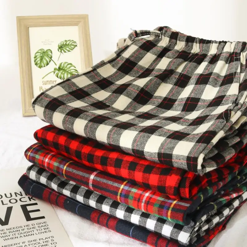 Autumn Winter Sleeping Pants Women\'s 100% Cotton Flannel Long Trousers Home Loungewear Pajama Pants Plaid Design Pyjama Femme