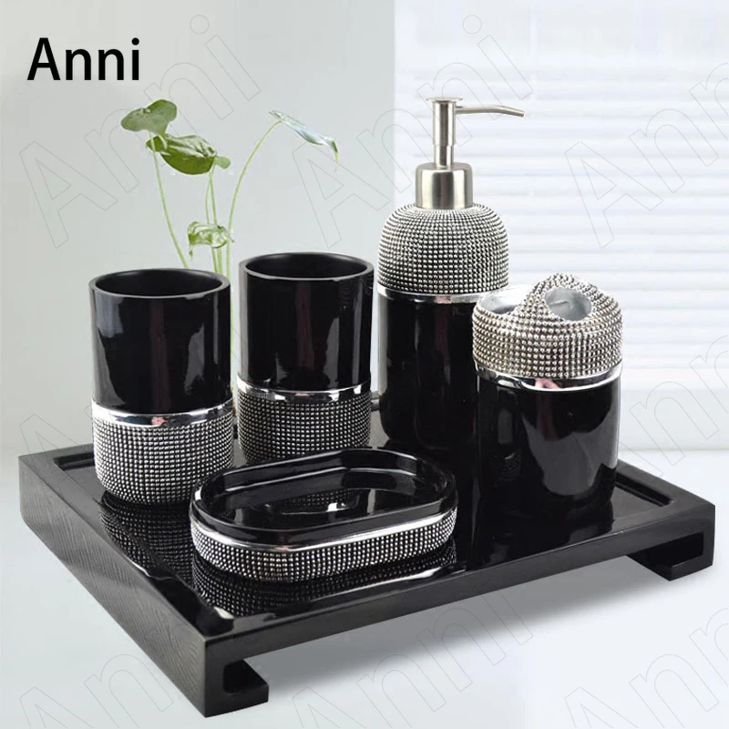 

Creativity Marble Texture Bathroom Accessories Set Ceramic Modern Silver Beads Embellishment Five Piece Set Shower Accessories