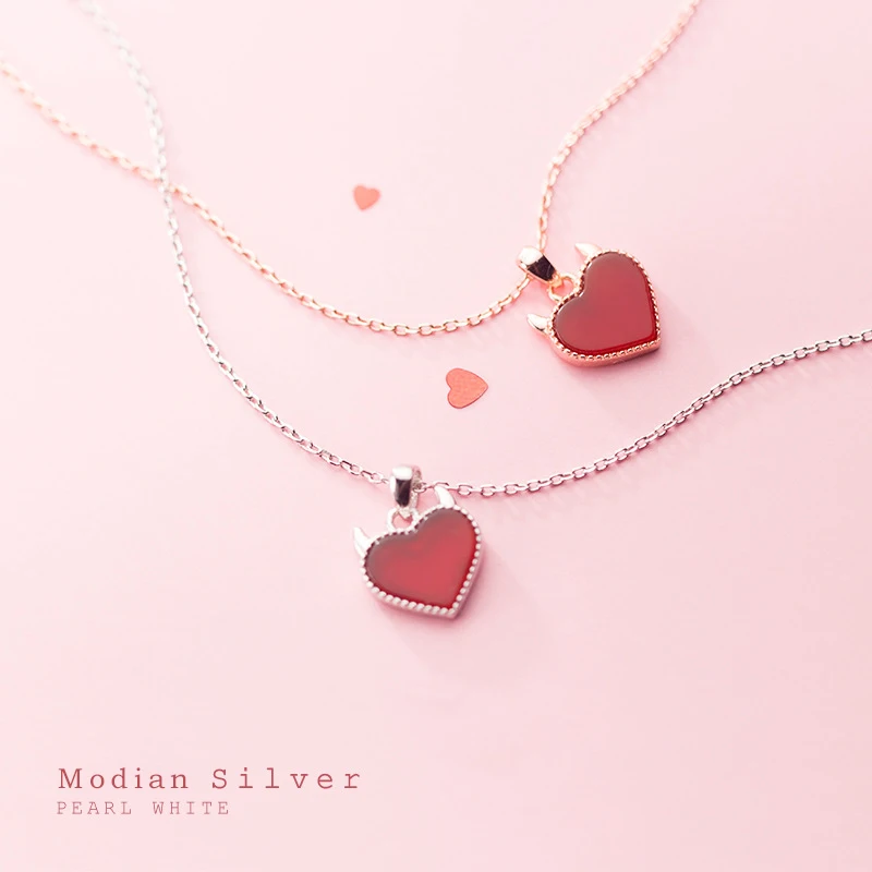 

Modian Pure 925 Sterling Silver Link Chain Necklace for Women Romantic Red Crystal Eternal Hearts Pendant Necklace Fine Jewelry