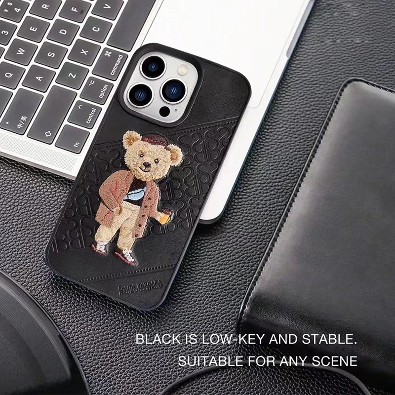 3D Embroidered Cute Cat Wolf Tiger Bear Leather Phone Case For iPhone 14 Pro Max Protective Cover For iPhone 13 Pro Max 13 Pro