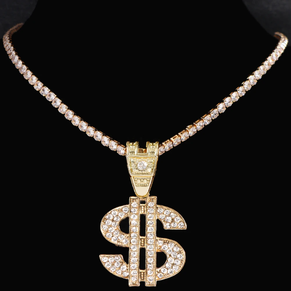 Bling Strass Dollar Anhänger Halskette Für Männer Silber Farbe Iced out 13mm Kubanischen Kette Choker Halsketten Hiphop Rap Rock schmuck – Detail 13