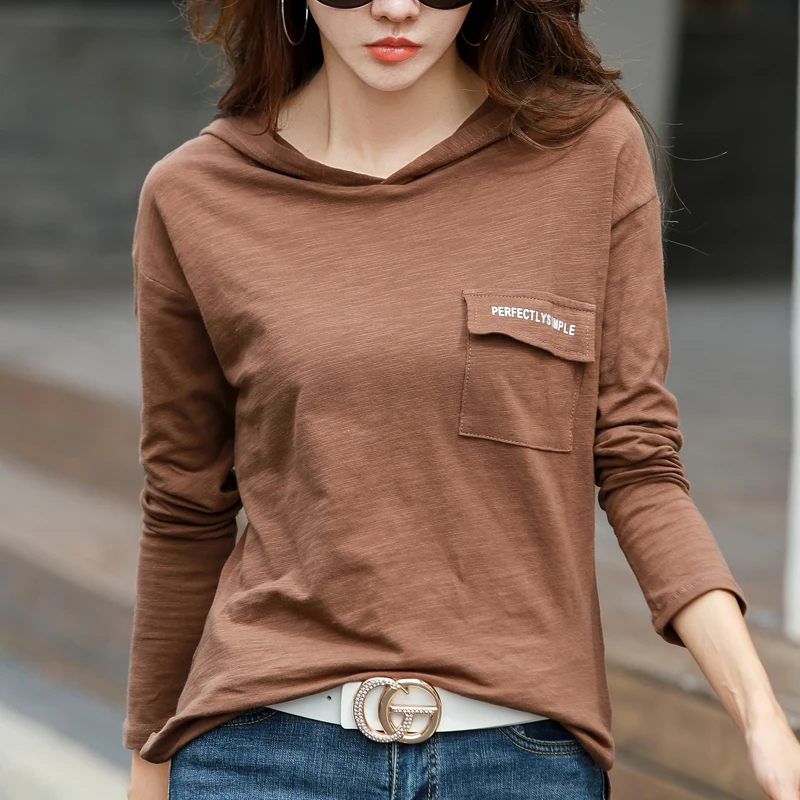 TuangBiang Hooded Letter Pockets Women Bamboo Cotton T-Shirt Loose Split Hem Cozy Tshirt  2023 Long Sleeve Spring Plus Size Tops