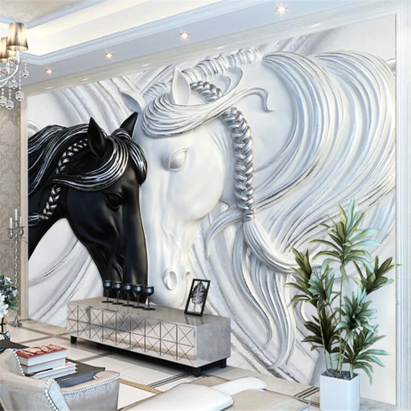 wellyu Custom large mural green 3d wallpaper fashion black and white double horse relief living room TV background wallpaper