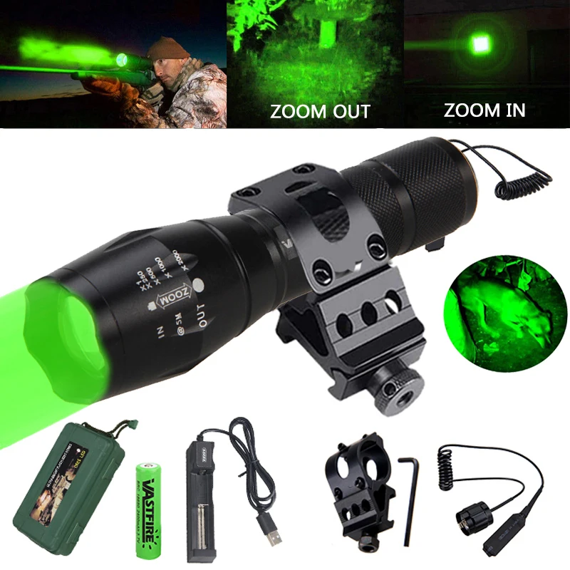 

A100 Tactical Hunting Flashlight 5000 Lumens White/Green/Red LED Lantern Torch+Rifle Mount Clip+Switch+18650+Charger+Box