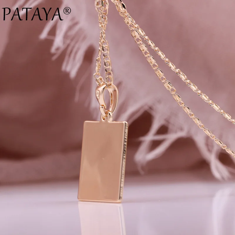 PATAYA New Hot Square Glossy Long Necklaces 585 Rose Gold Color Wedding Classic Simple Fashion Jewelry Retro Couples Pendants