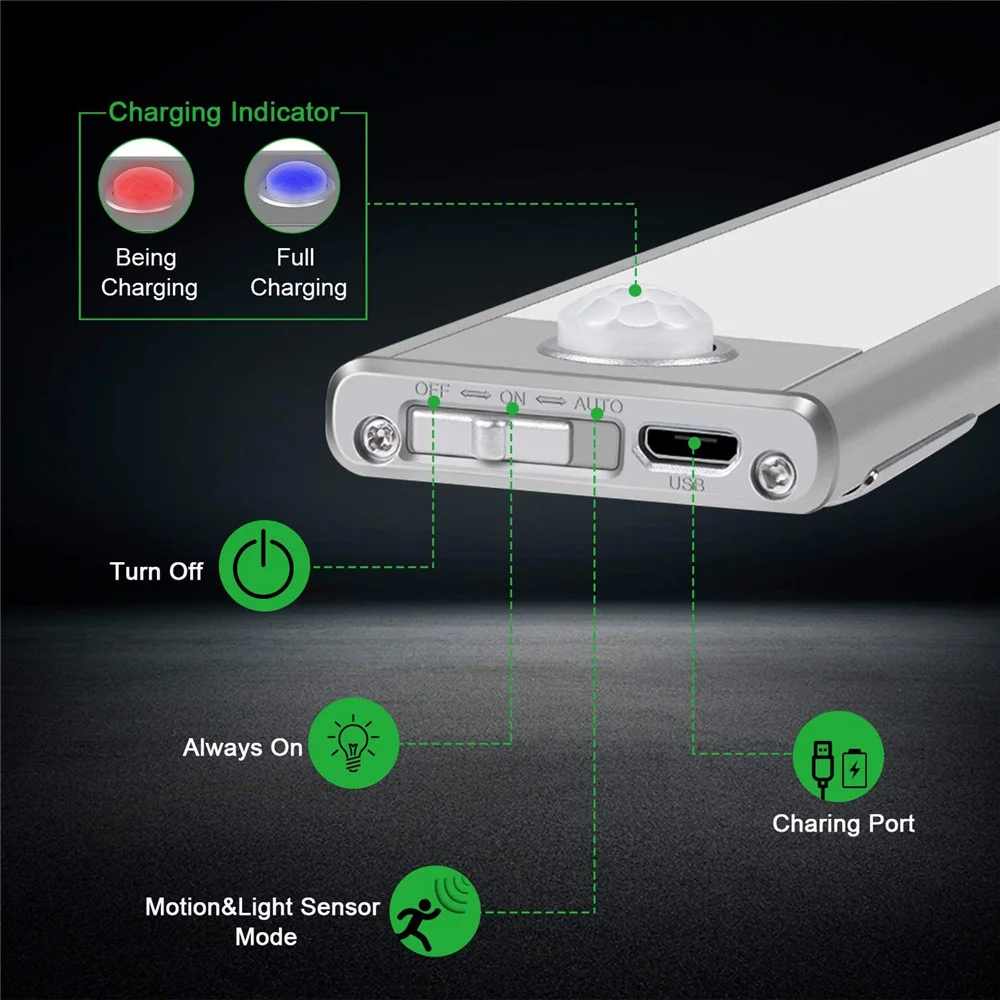 12/23/40CM kablosuz hareket sensörü dolap işık USB şarj edilebilir dolap altı ışığı mıknatıs gece duvar lambası mutfak merdiven