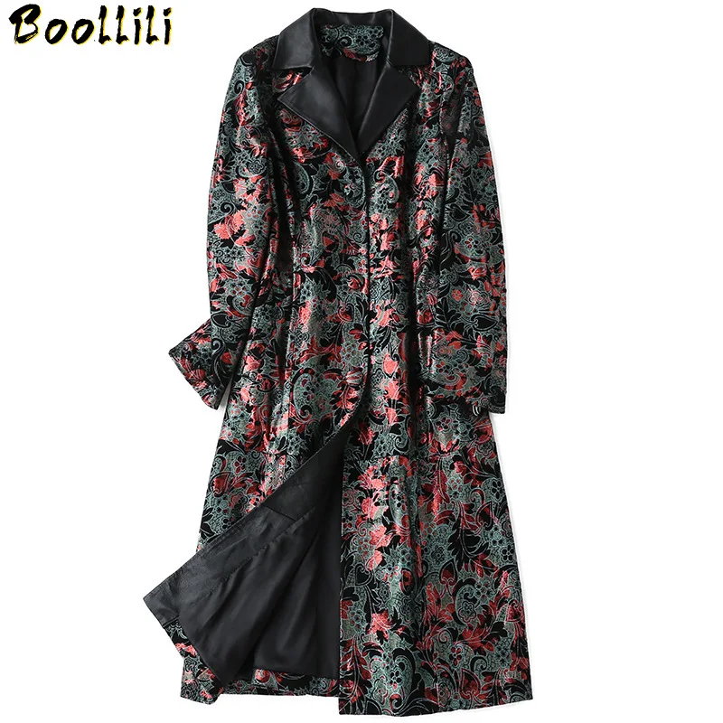 

Genuine Boollili Long Leather Jacket Women Spring Sheepskin Coat Print Floral Elegant Leather Jackets Coats Slim Chaqueta Mujer