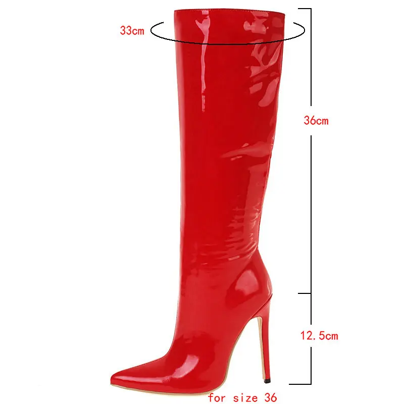 2021 Women Knee High Boots Sexy Pointed Toe Thin High Heel Ladies Calf Boots Patent PU Leather Side Zipper Party Women\'s Boots