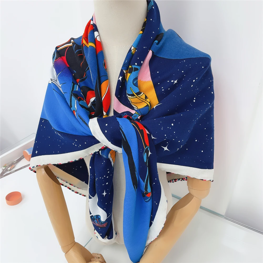 POBING Silk Cashmere Scarf Women Hand Rolled Shawls Carriage Print Square Scarves Wraps Lady Bandana Big Hijabs Female Foulards