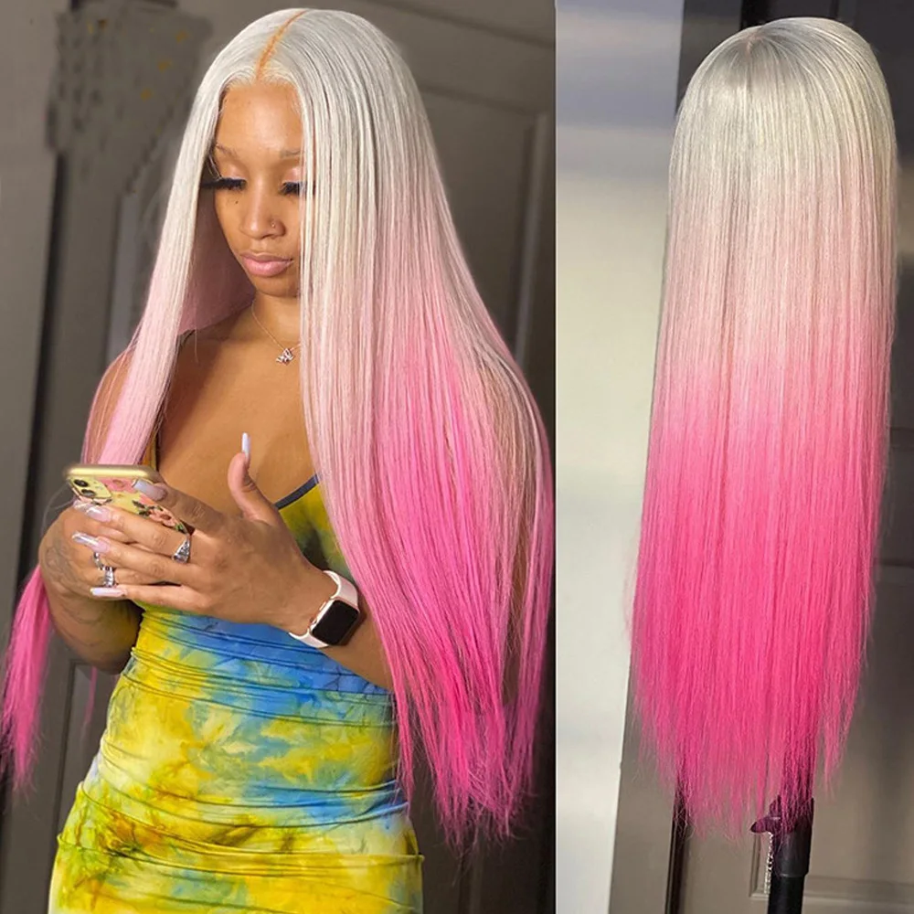 

613 Blonde Pink Transparent Straight Human Hair Wigs For Black Women Brazilian Preplucked Ombre Lace front Invisible