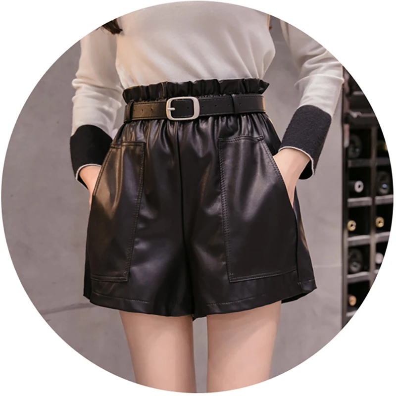 2023 Women\'s Leather Shorts Pu High Waist Elastic A-line Wide-legged With Belt Black Brown Elegant Bottoms Casual Short Mujer