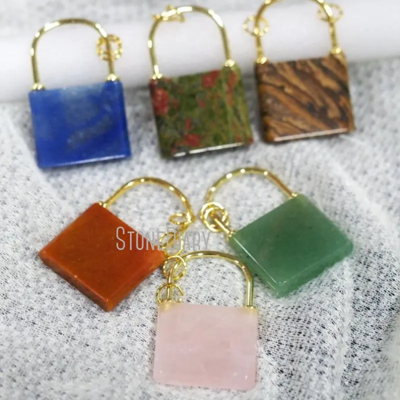 PM40624 Gold Plated Rose Quartz Dalmatian Jasper Blue Aventurine Goldsand Howlite Picture Jasper Padlock Lock Pendant