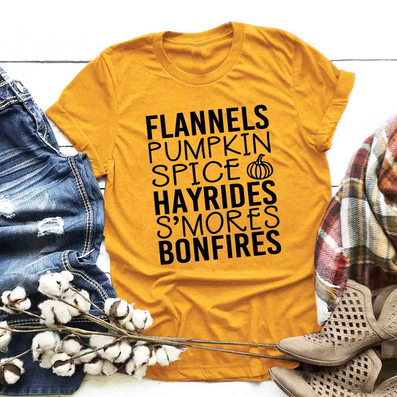 Flannels Pumpkin Spice Hayrides S'mores Bonfires T-shirt Stylish Thanksgiving Autumn Tshirt Women's Graphic Pumpkin Fall Tee Top