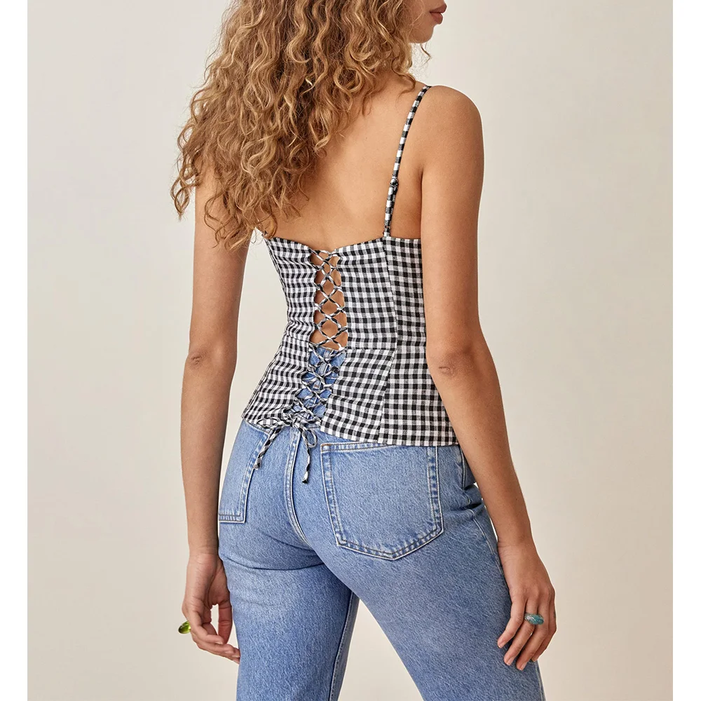 Summer Tops Women 2021 Fashion Spaghetti Strap Front Button Casual Gingham Crop Top V Neck Sleeveless Back Lace Up Sexy Cami Top