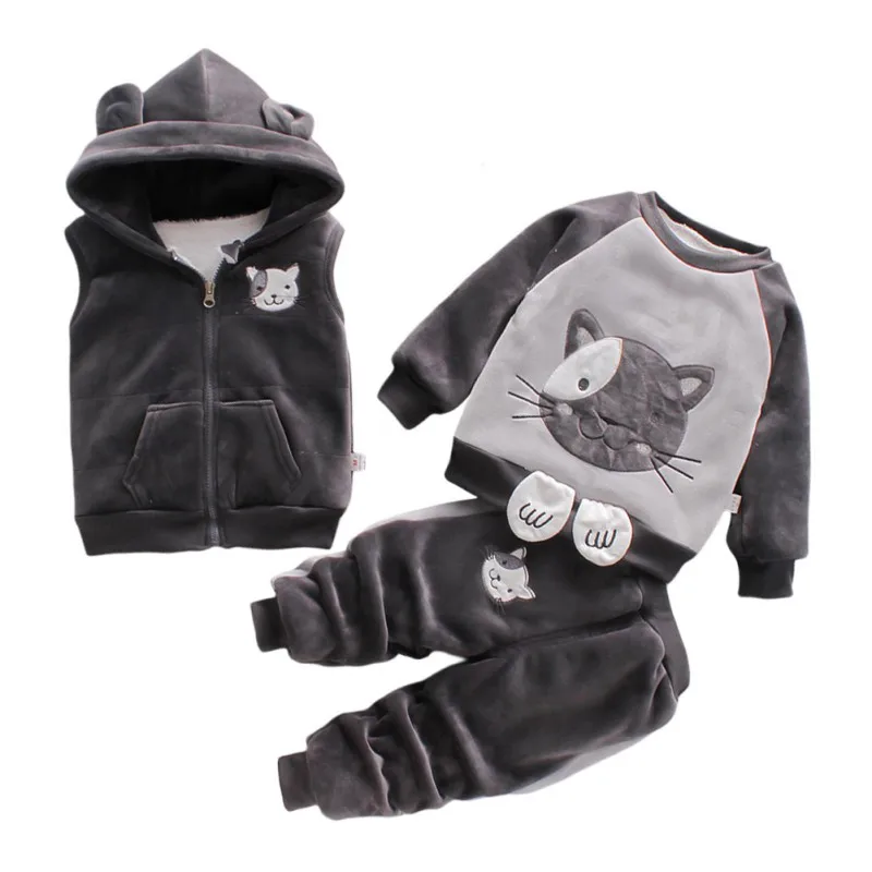 3pcs/set Winter Toddler Fleece Jogging Set Cartoon Kitten Fleece Hooded Waistcoat Sweatshirt Pants Children Outfits 1-4T