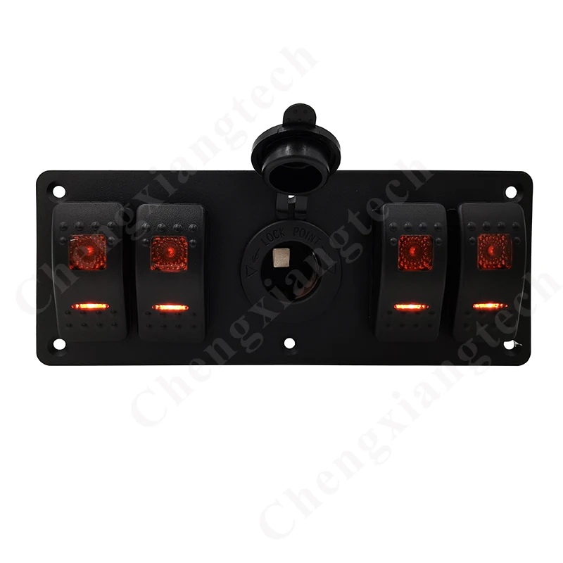 4 Gang Rocker Switch Panel Orange Led On/Off SPST + 12V Car Boat Cigarette Lighter Power Charger Socket Switch Panel + Stickers