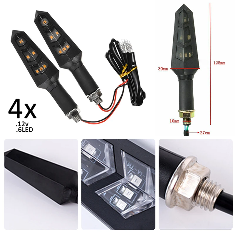 4Pcs Flashing Motorcycle LED Turn Signal Light 6 LED Water Flicker Flowing Indicators Blinkers Flexible Amber Light Lamp 12V