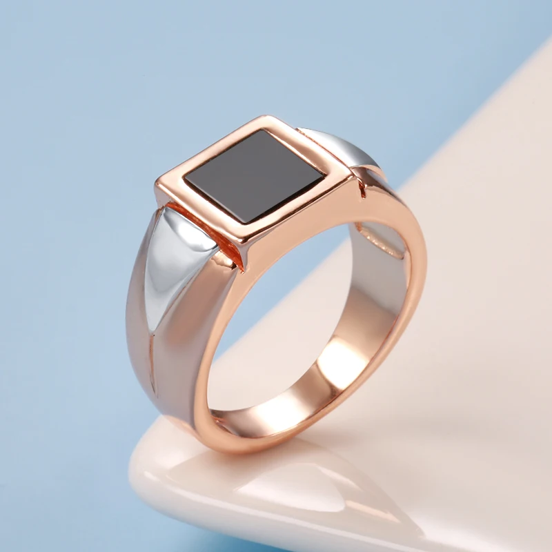 Kinel Hot Fashion Black Stone Men Ring 585 Rose Gold Simple Square Ring For Women High Quality Daily Fine Jewelry