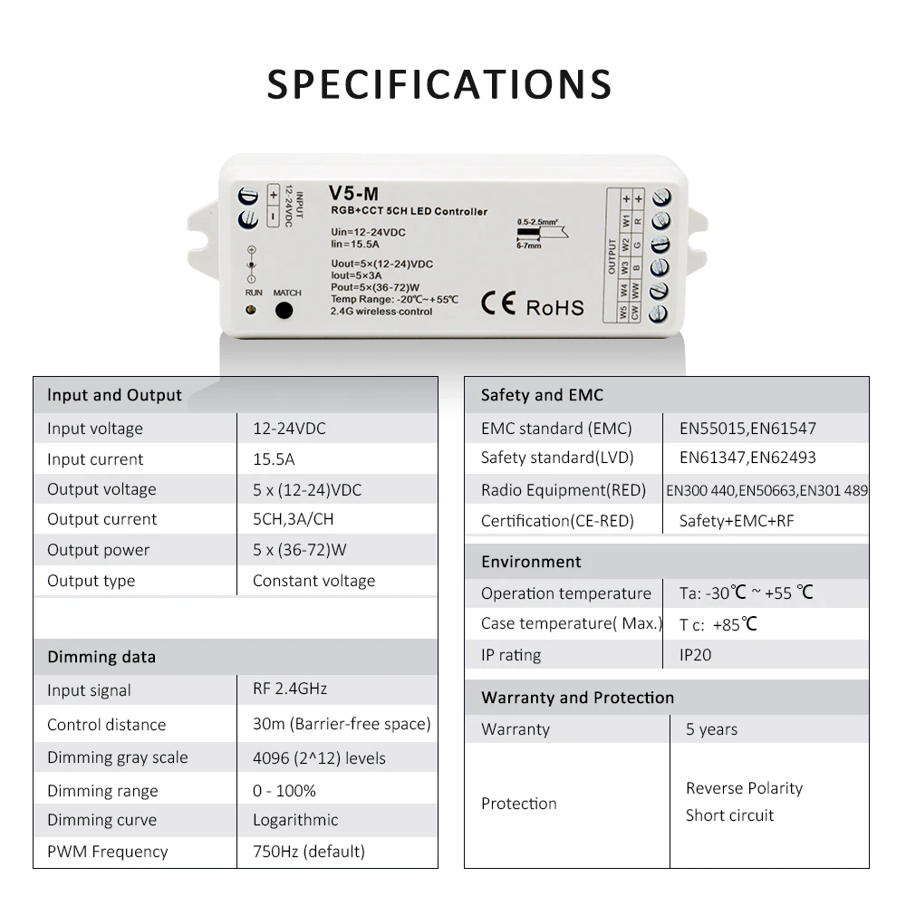 RGBCCT LED Controller 12V 24V 5CH RGB CCT RGBW RGBWW LED Strip Light Controller Smart Wifi RF Wireless Touch Remote Control V5-M