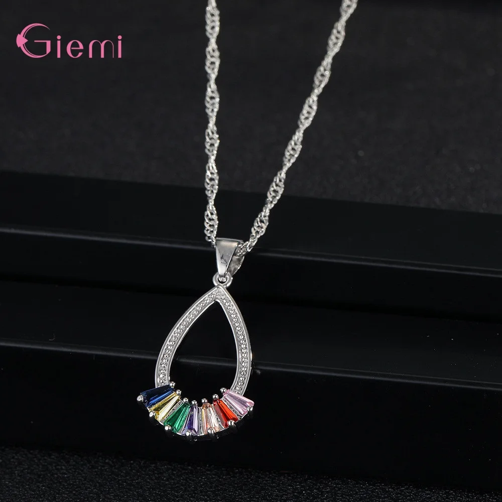 Trendy 925 Silver Color Jewelry Sets Classic Waterdrop Muti-colors Cubic Zircon Pendant Necklace Earrings Set Party Gift