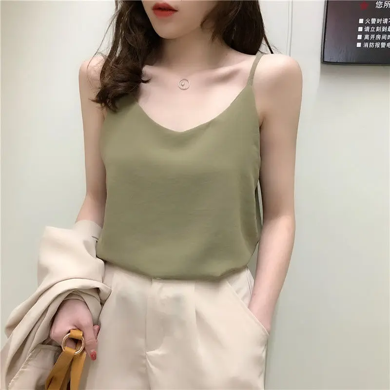 Camis Women V-neck Chiffon Adjustable Strap Solid Loose Simple Skin-friendly Soft Breathable Tank-tops Female All-match Korean