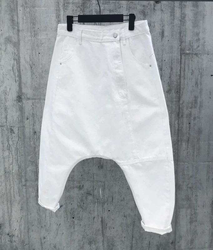 Kobiety Drop Crotch Jeans asymetria Harem Fade lekkie spodnie jeansowe gorąca sprzedaż osobowość solidny kolor spodnie