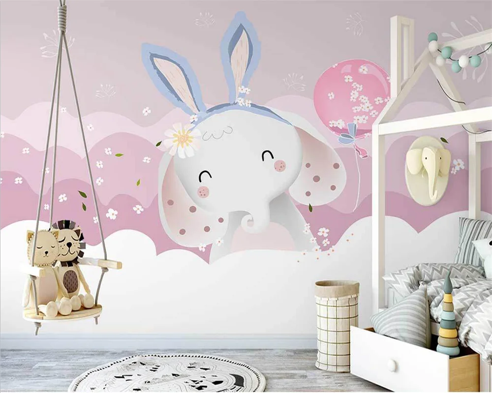 beibehang Customize new hand-painted pink cloud baby elephant children's room whole house background wallpaper papier peint