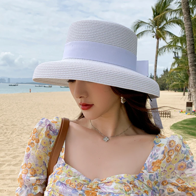 Retro Round Top Straw Hat Ladies Sun Hats Travel Holiday Visor Hats Vintage Women Beach Hat Black And White Wholesale ceremony