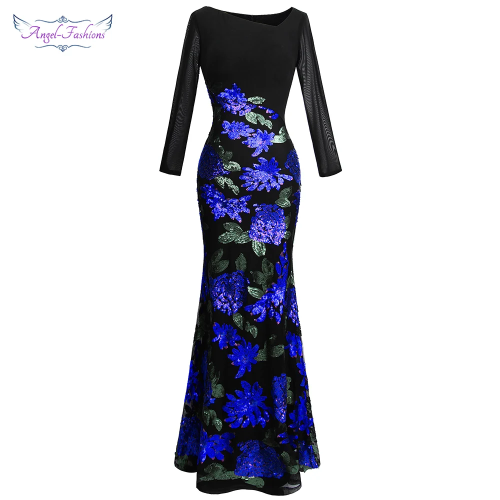 

Angel-fashions Women's Long Sleeve Pattern Blue Flower Sequin Beading Evening Dress 396