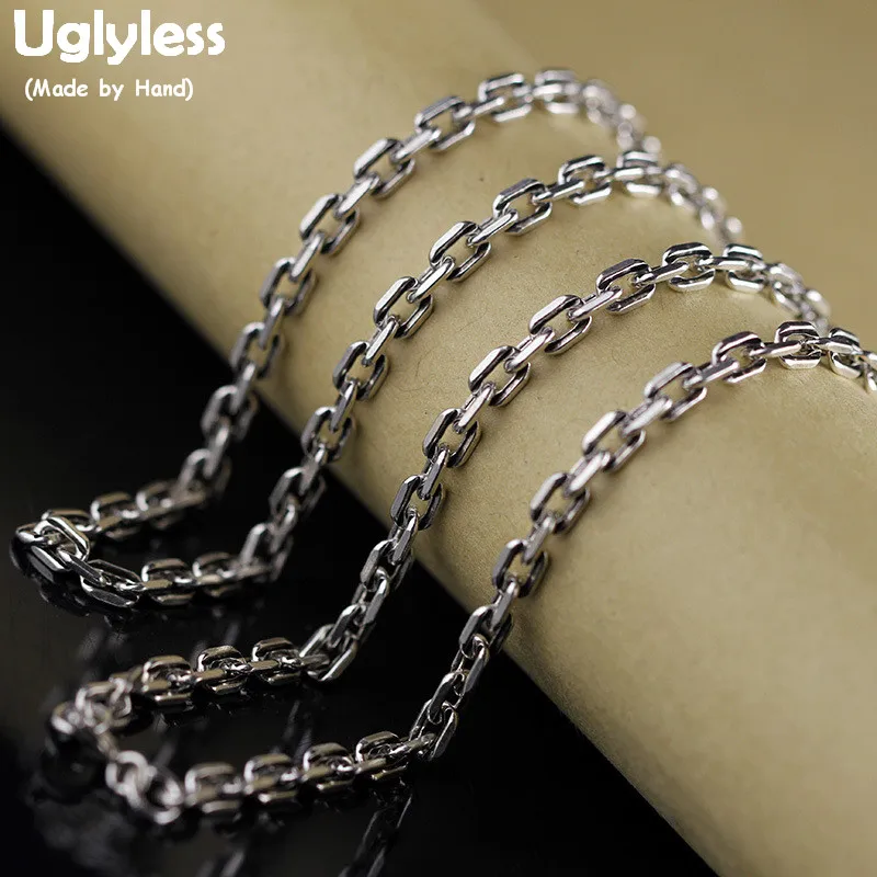 Uglyless Neutral Men Women 4MM Square Chains Necklaces NO Pendants Real 925 Silver Necklaces Unisex Fine Jewelry Accessory C125